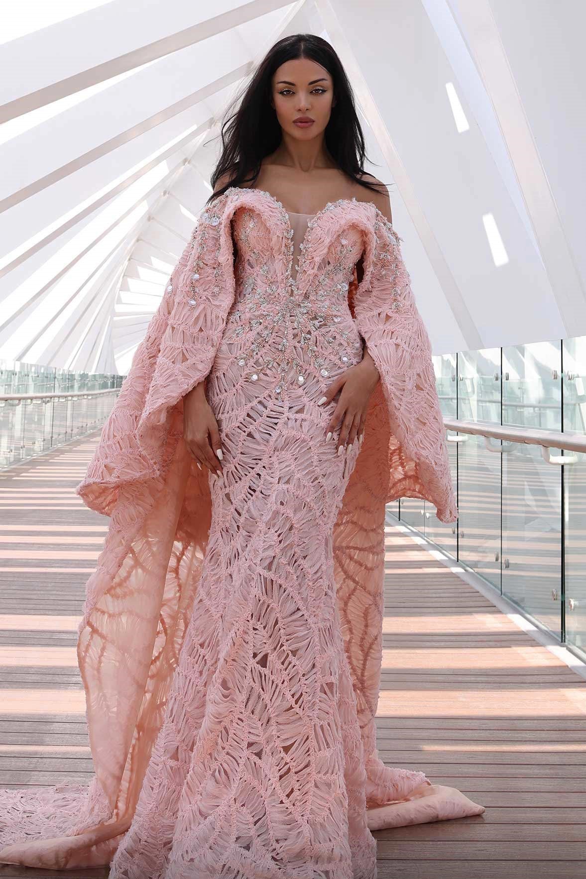 Embellished Cape Sleeve Off Shoulder Gown