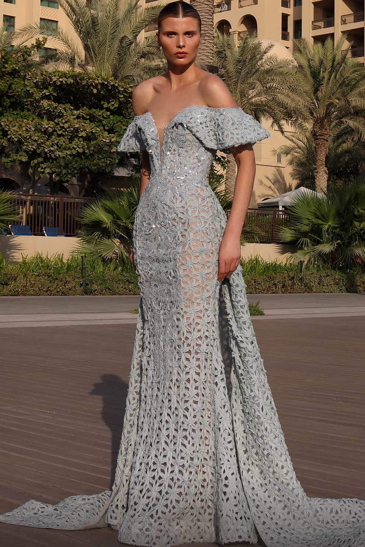 Draped Off Shoulder Semi-Sheer Gown