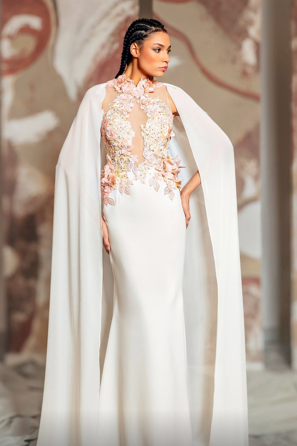 Floral Embellished Cape Gown