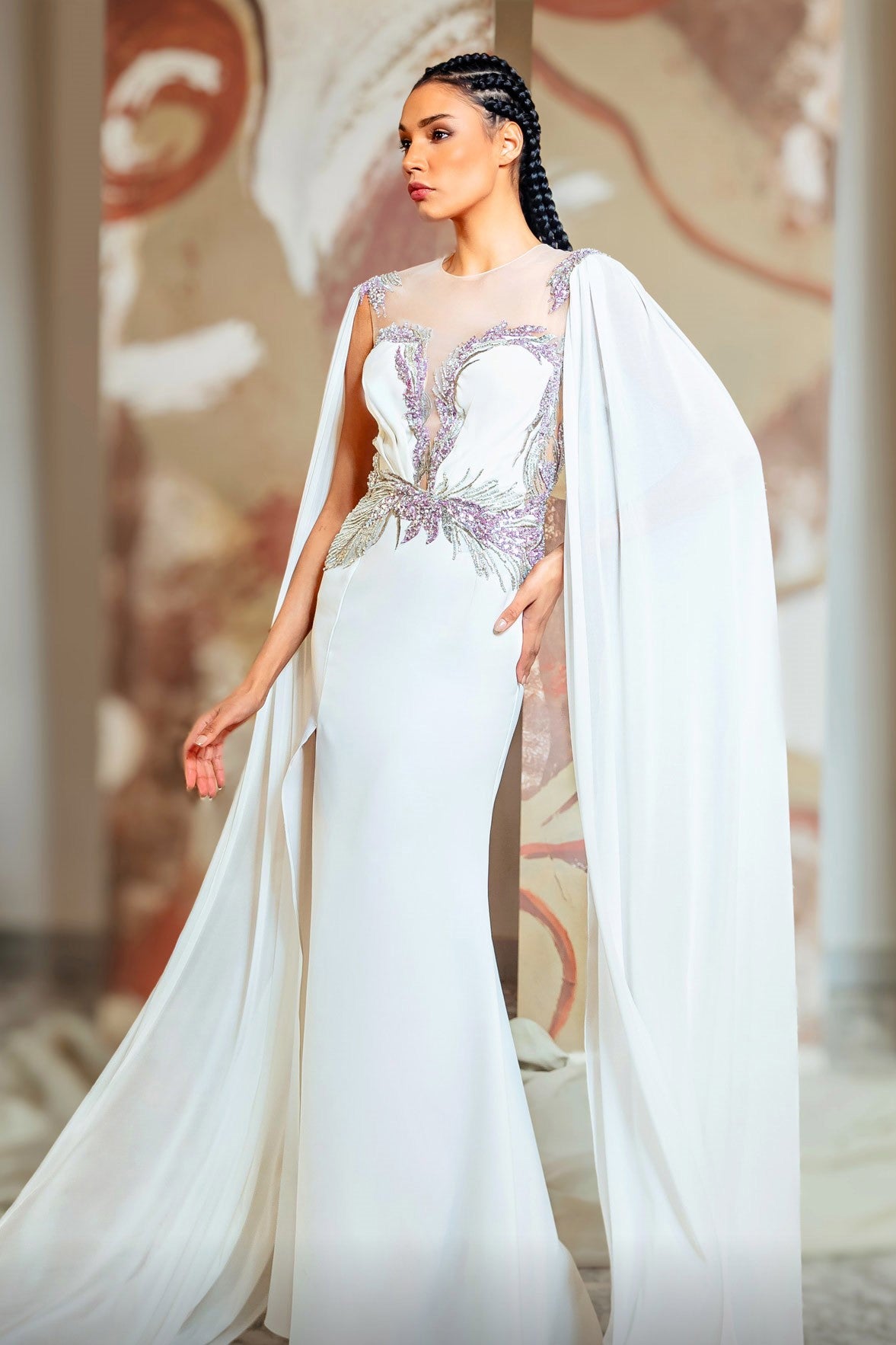 Embellished Cape Gown with Slit