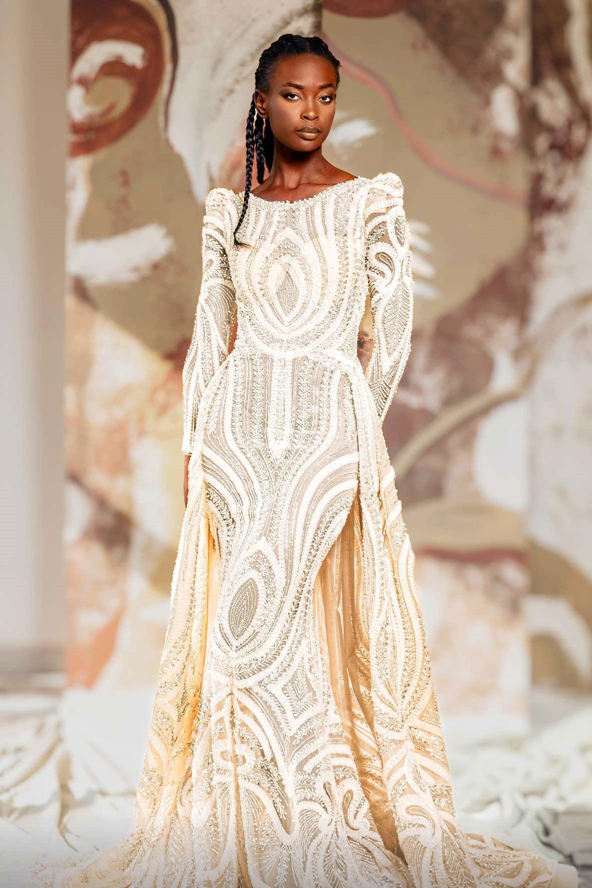 Long Sleeve Flared Gown with Overskirt