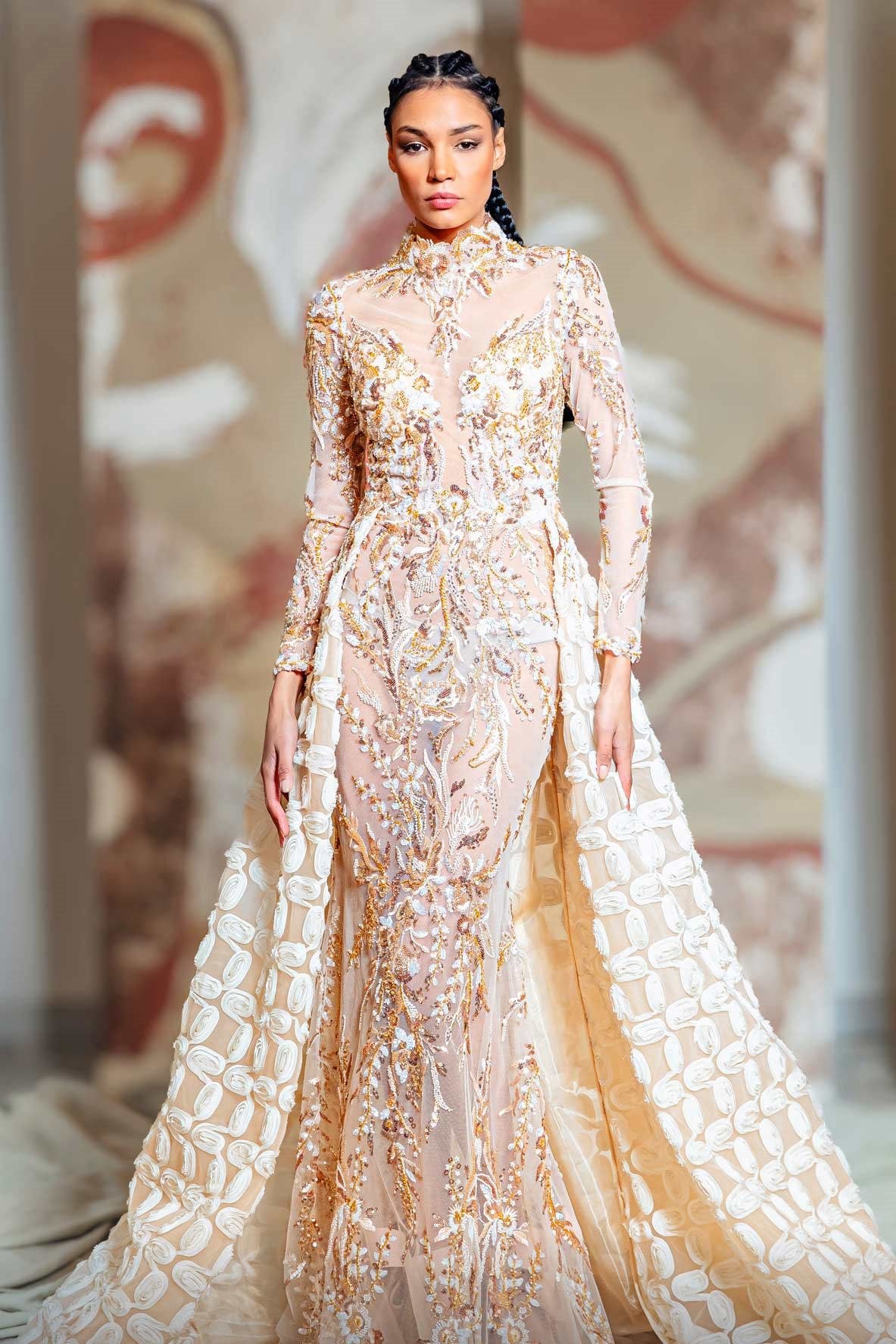 Embellished High Neck Gown with Overskirt