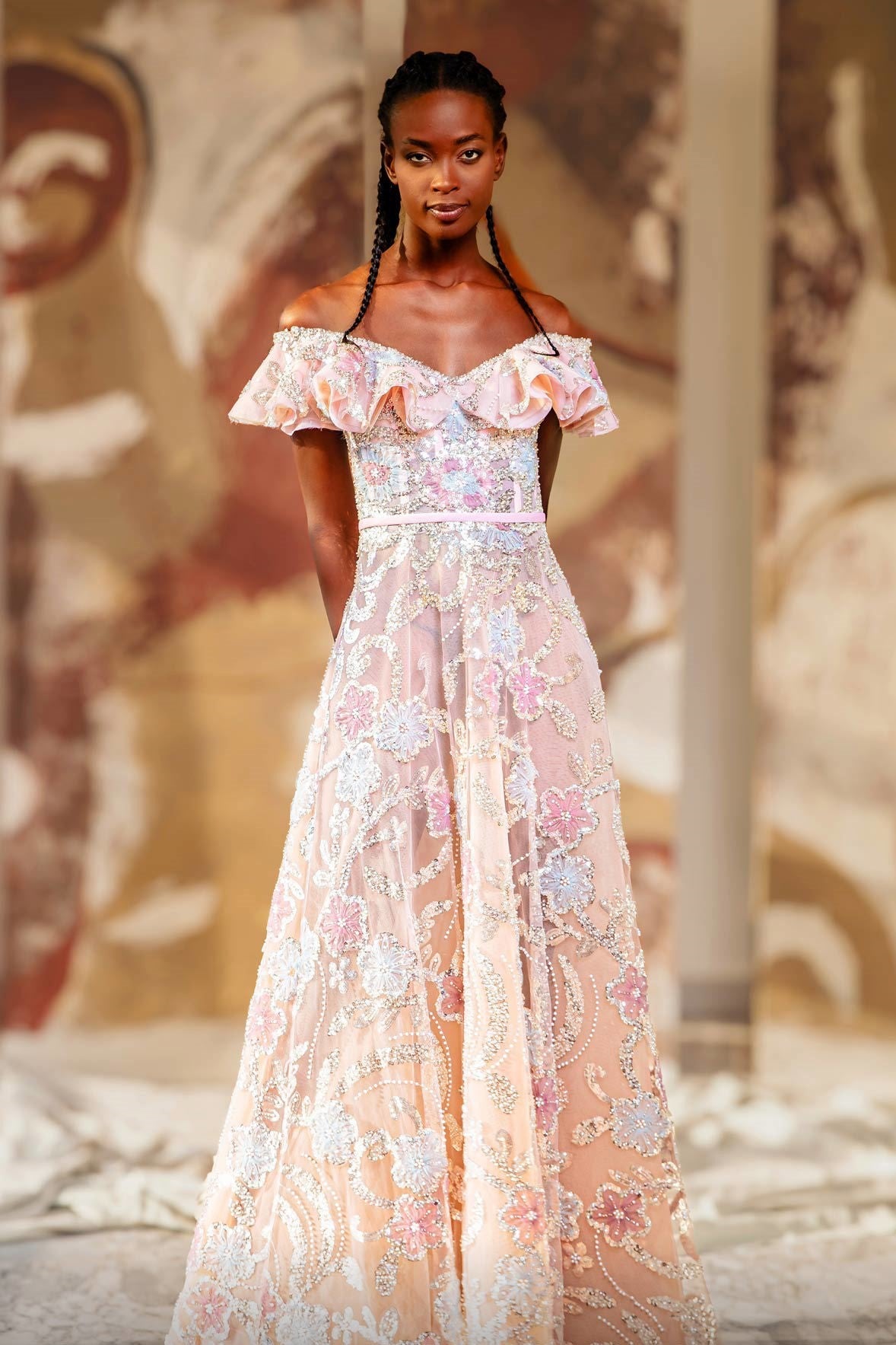 Off Shoulder A-Line Gown with Ruffle Detail