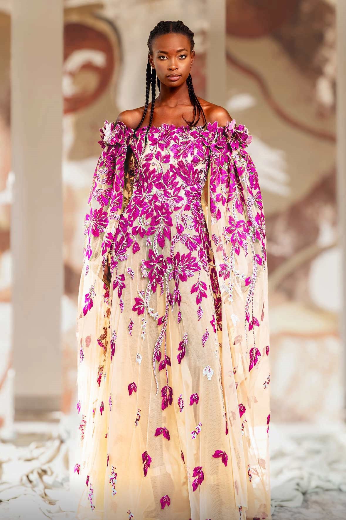 Off Shoulder Floral Embellished Gown