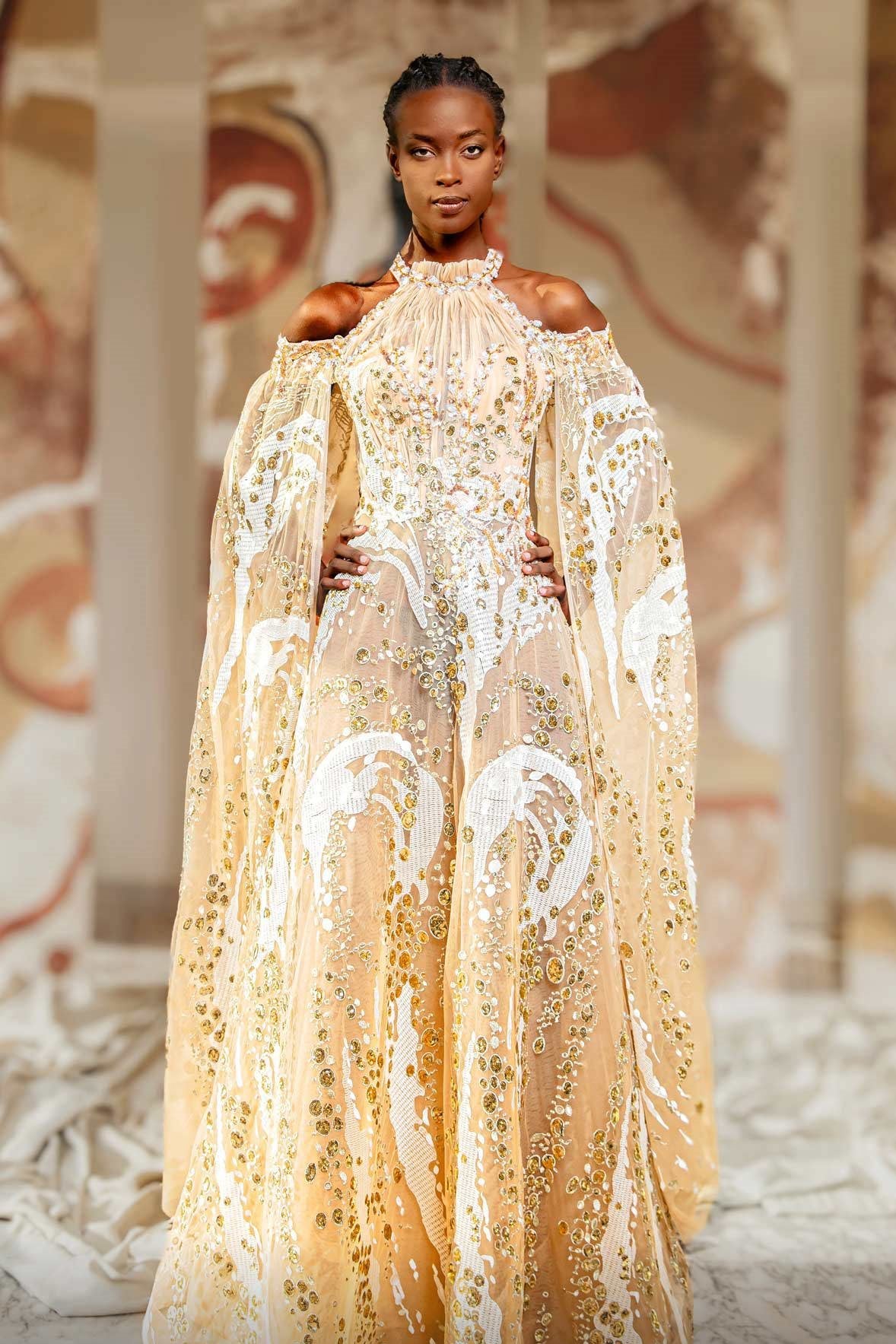 Embellished A-Line Cape Sleeve Gown