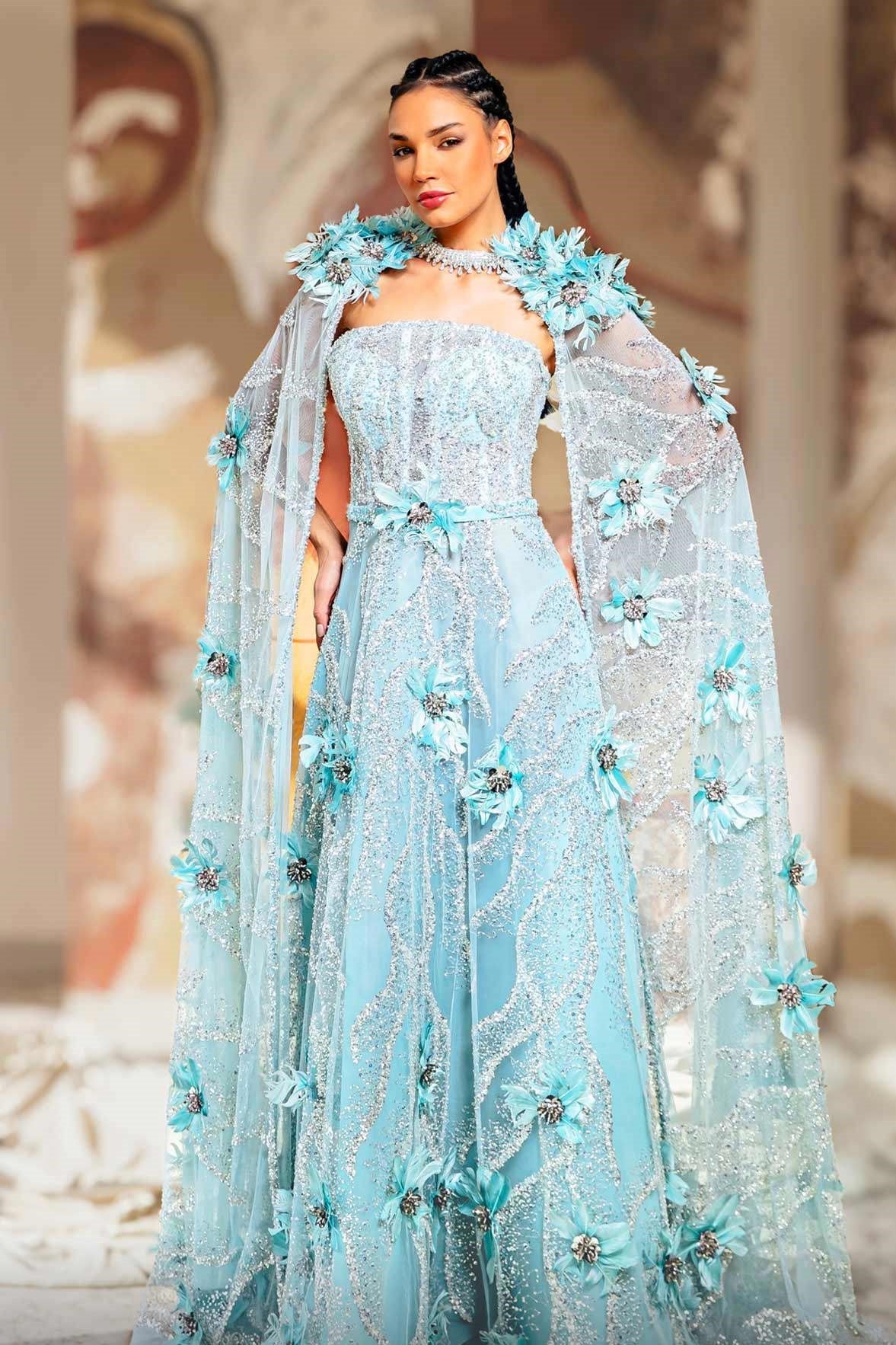 Floral Strapless Gown with Cape Sleeves