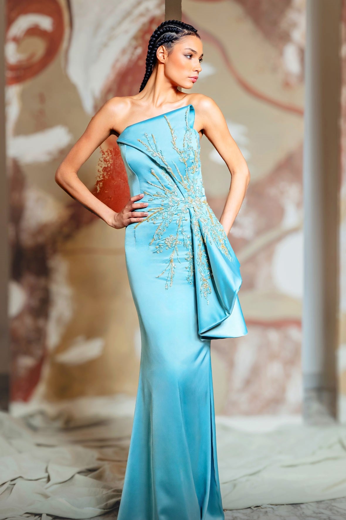 Strapless Embellished Gown with Draping
