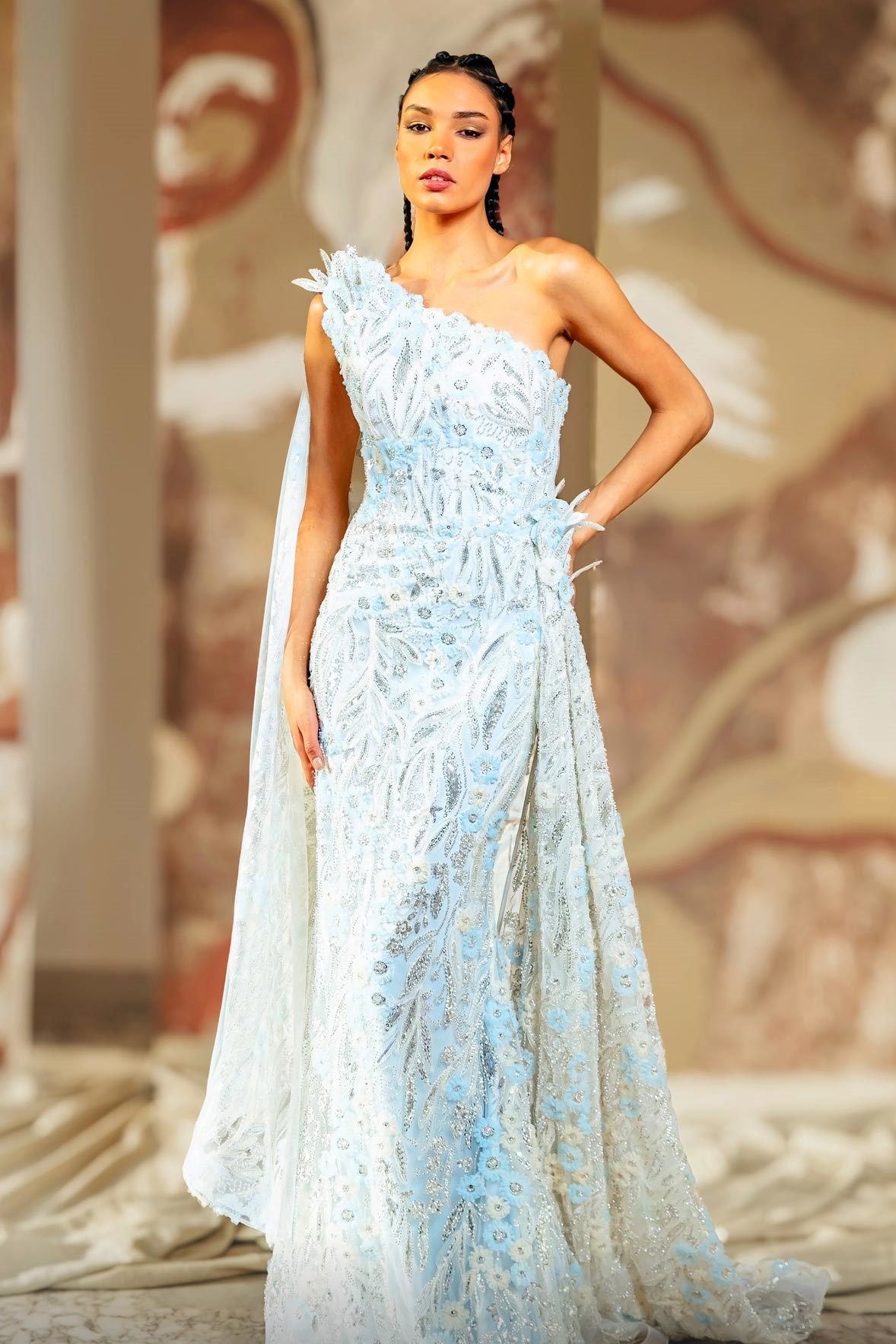 One Shoulder Embellished Gown with Draping