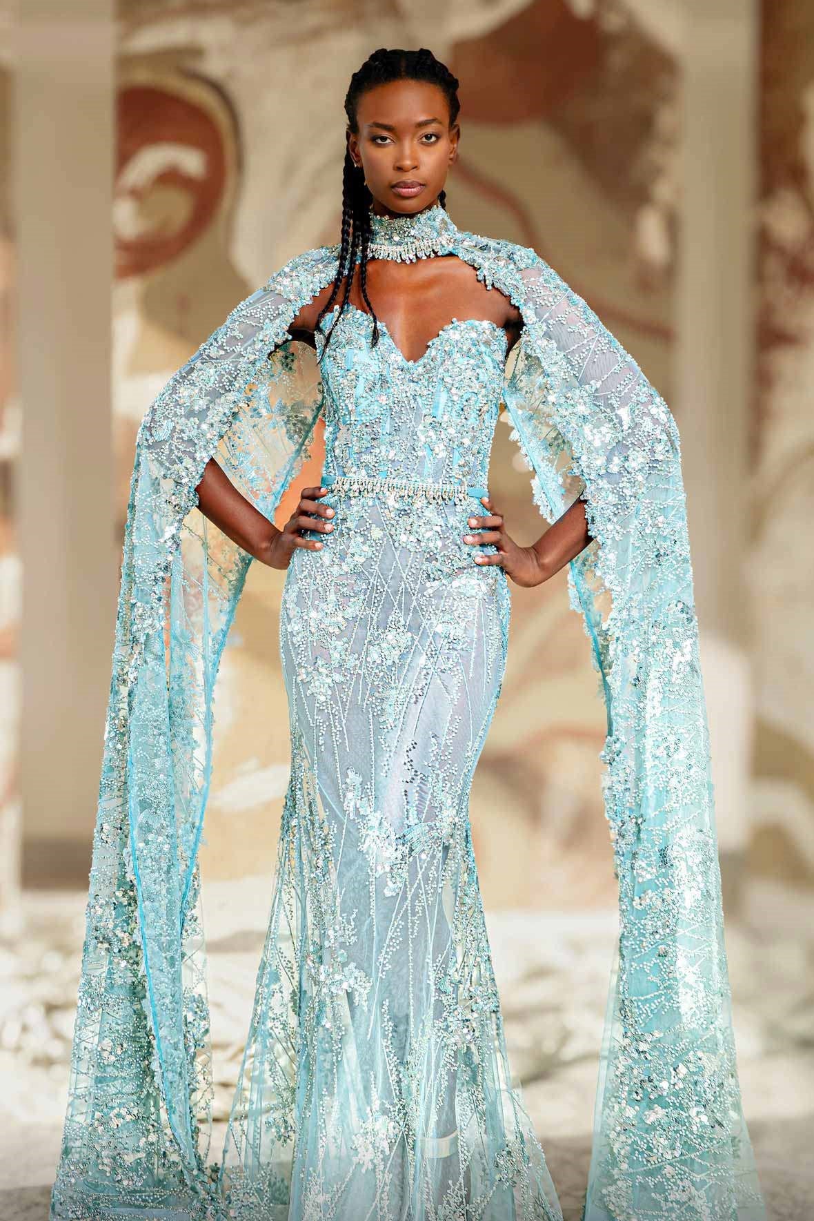 Strapless Flared Gown with Cape Sleeves