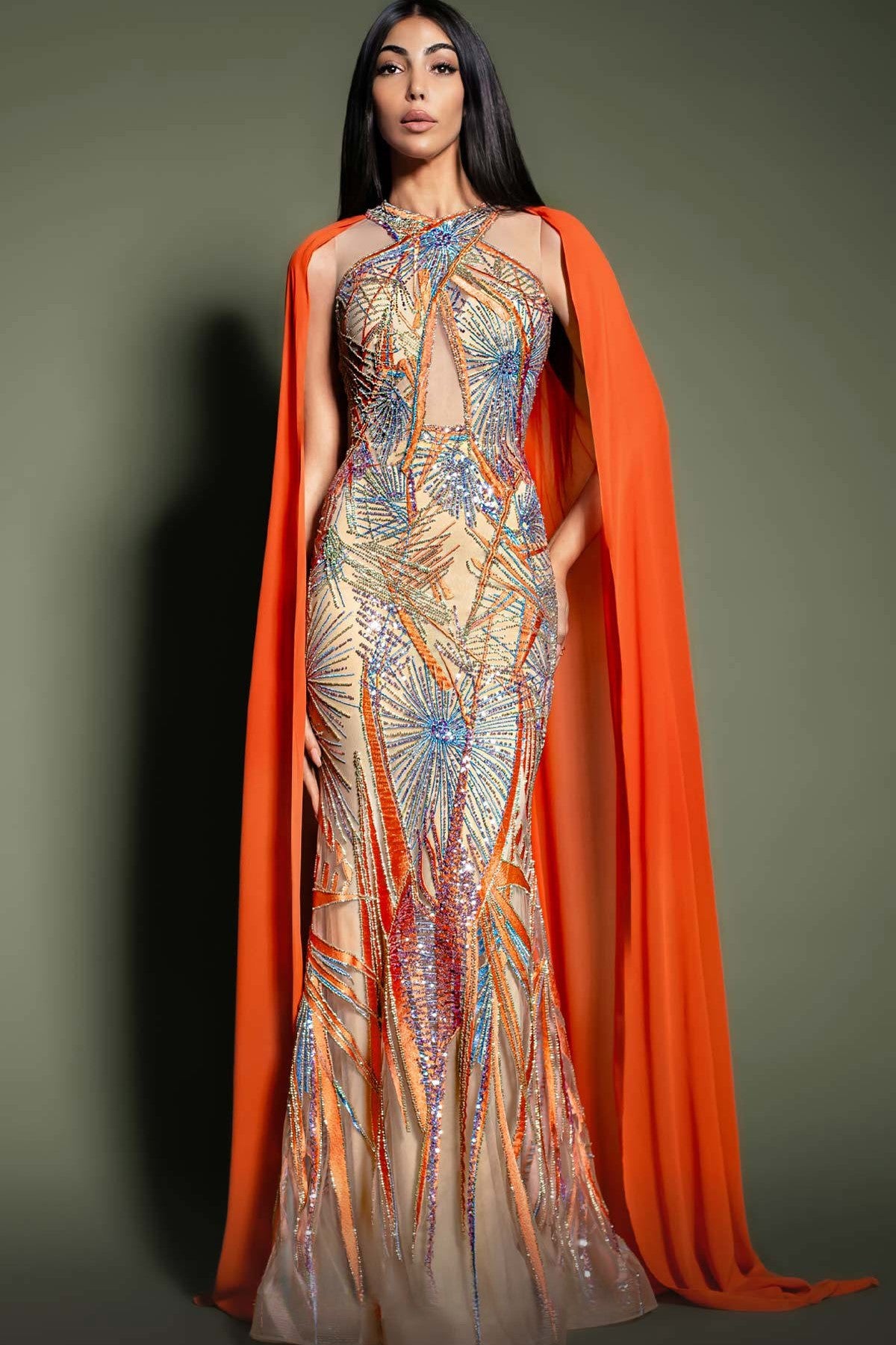 Beaded Halter Neck Gown with Cape