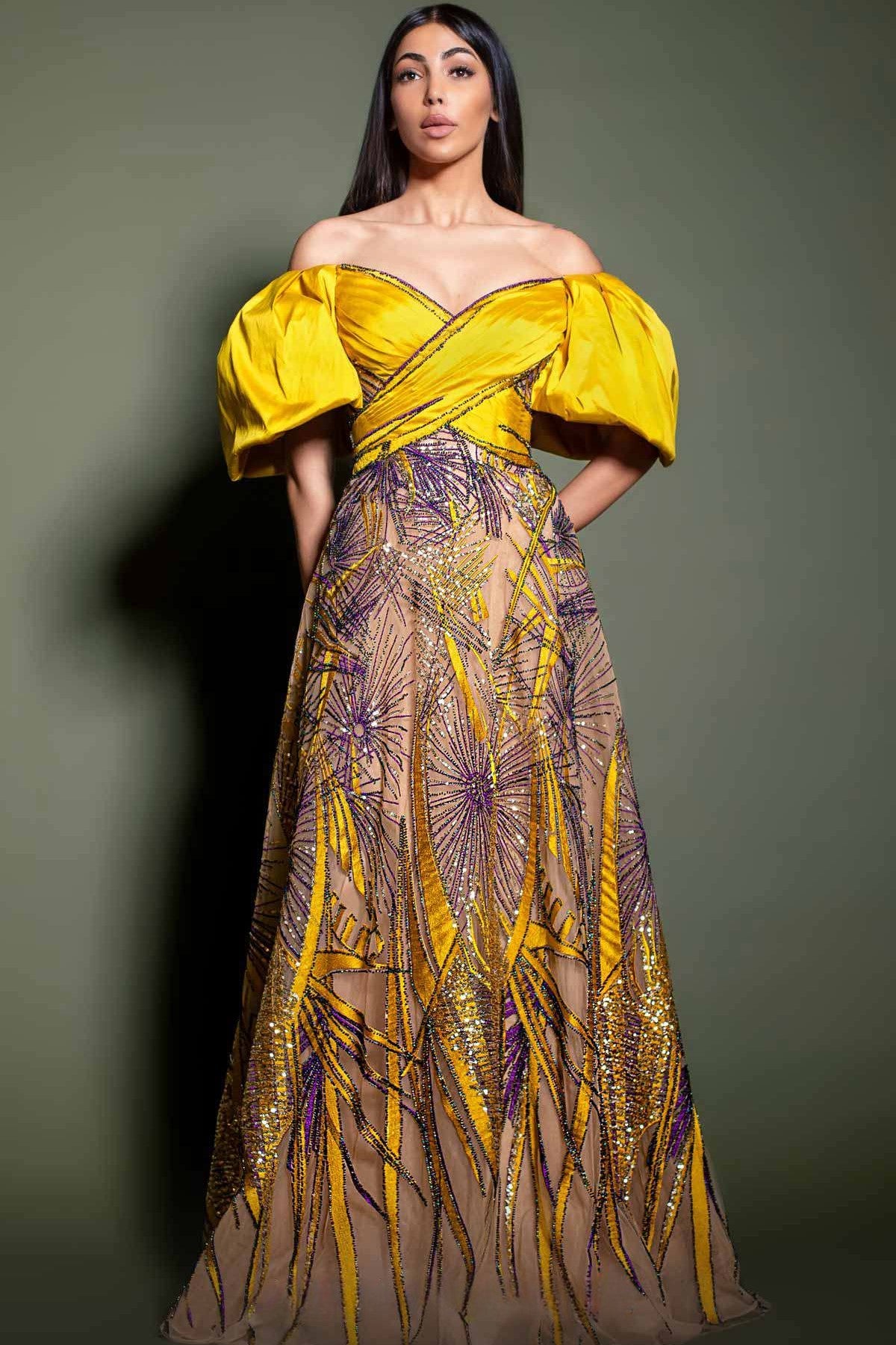 Off Shoulder A-Line Gown with Puffy Sleeves