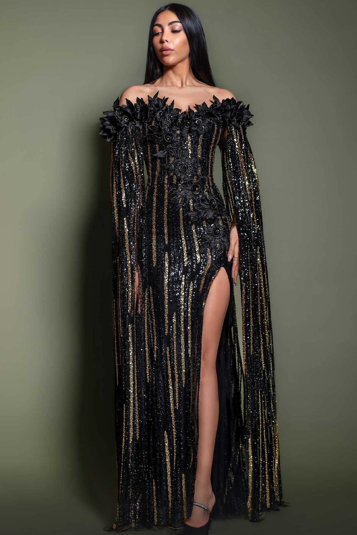 Off Shoulder Embellished Gown with Slit