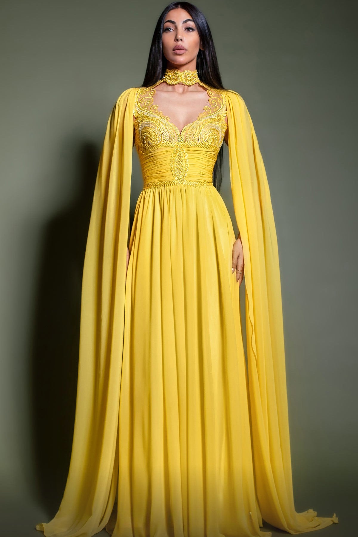 Pleated Embroidered Gown with Cape Sleeves