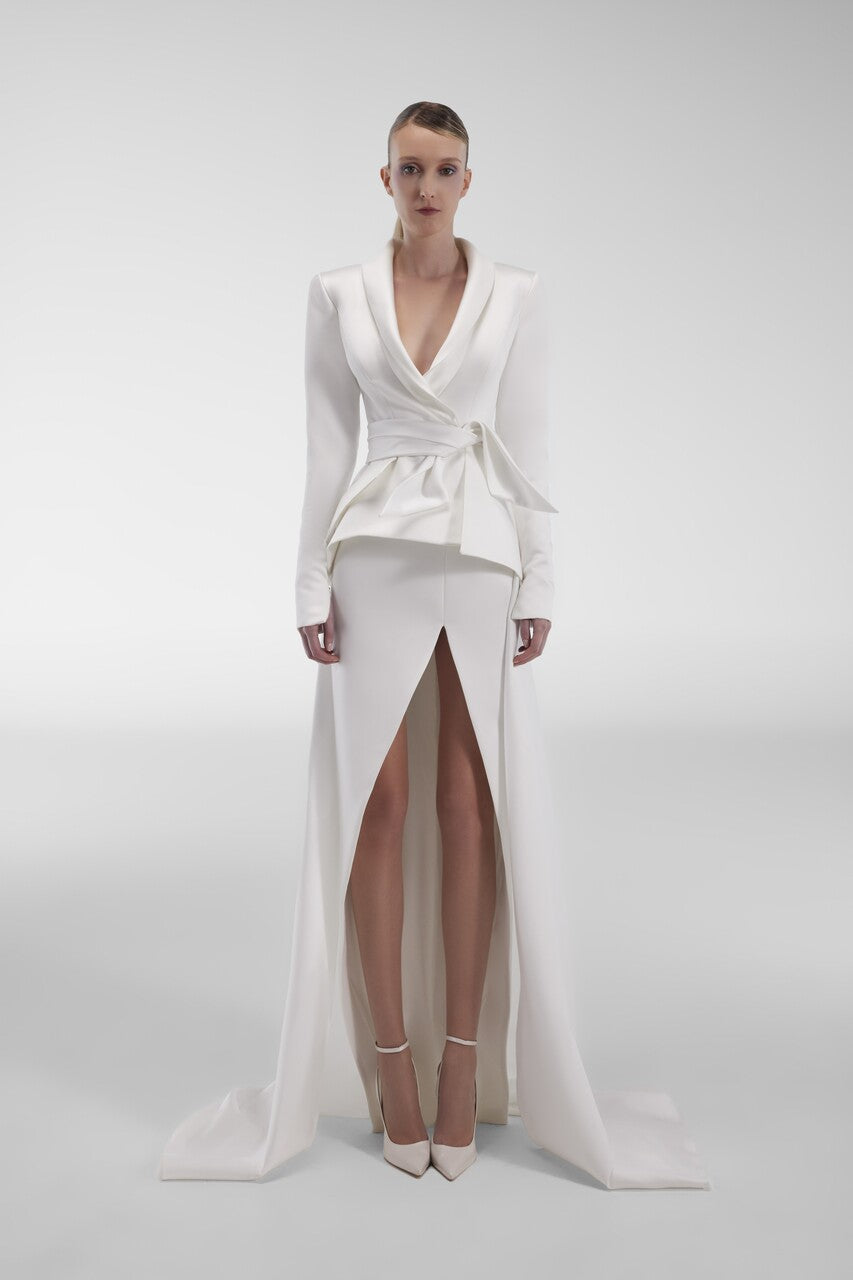 Long-Sleeve Peplum Gown