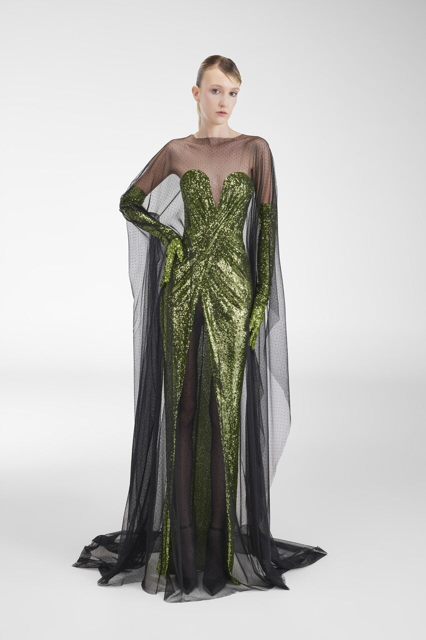 Sequin-Tulle Cape Gown