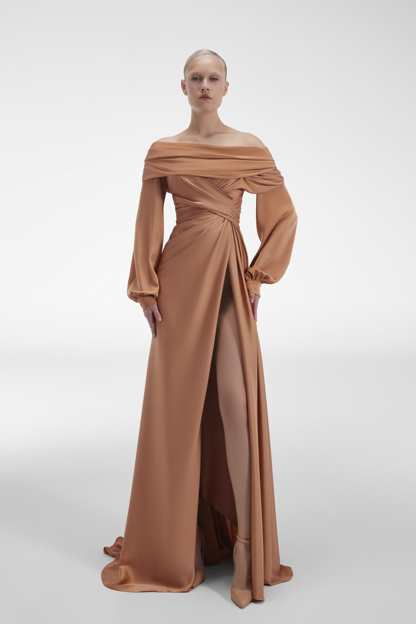 Draped-Satin Slit Gown