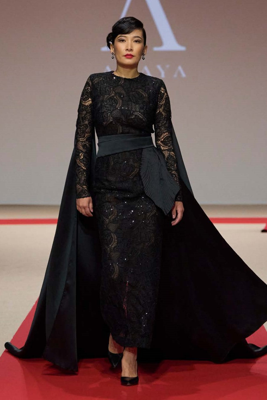 Embellished Sweeping Cape Sleeve Gown