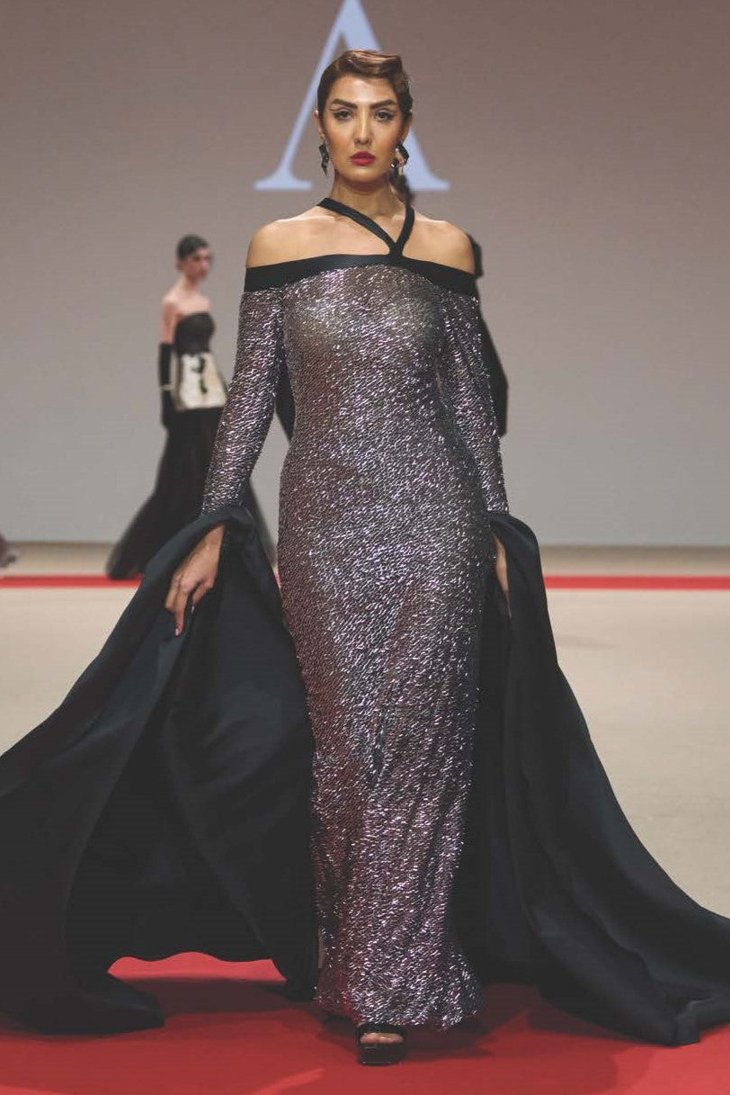 Sweeping Cape Sleeve Embellished Gown