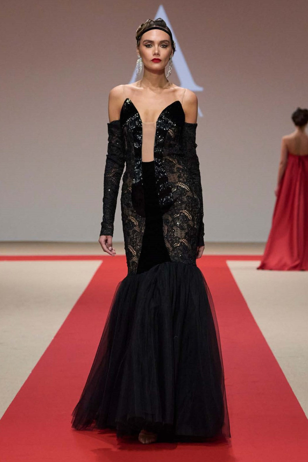 Off Shoulder Long Sleeve Illusion Gown