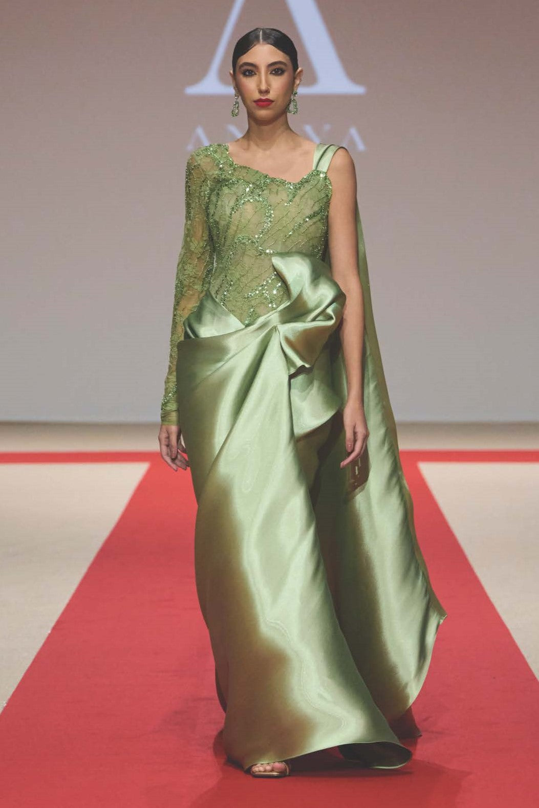 Embellished Bodice Shoulder Drape Gown