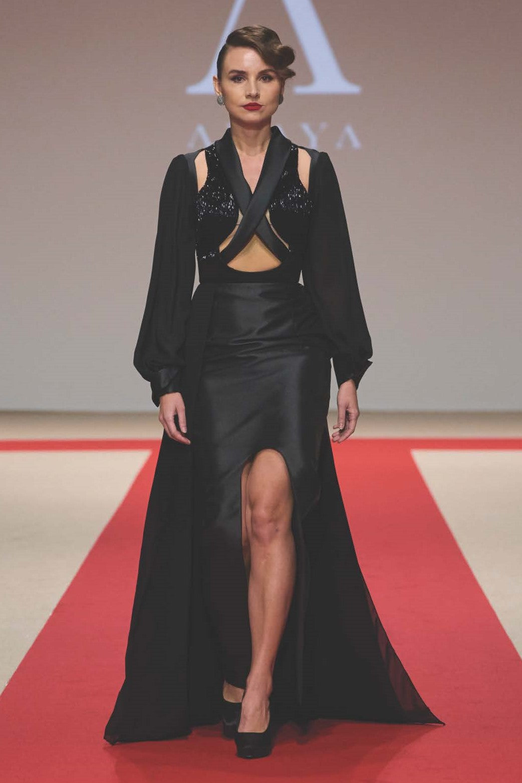 Cutout Long Sleeve Slit Gown