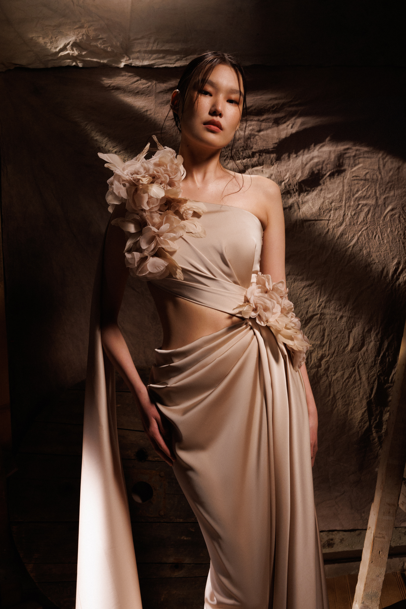 Asymmetrical Satin Drape Gown