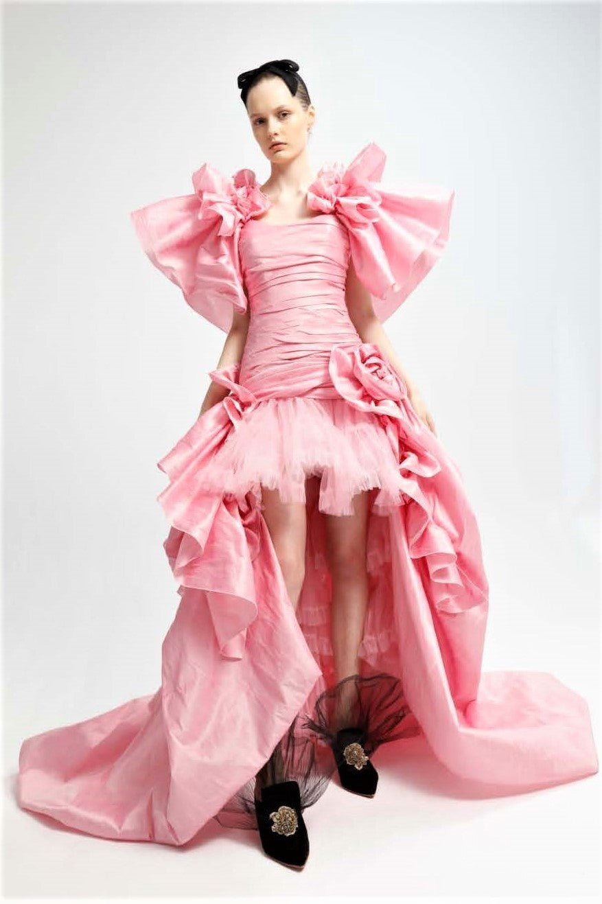 Ruffled Short Sleeve High-Low Gown