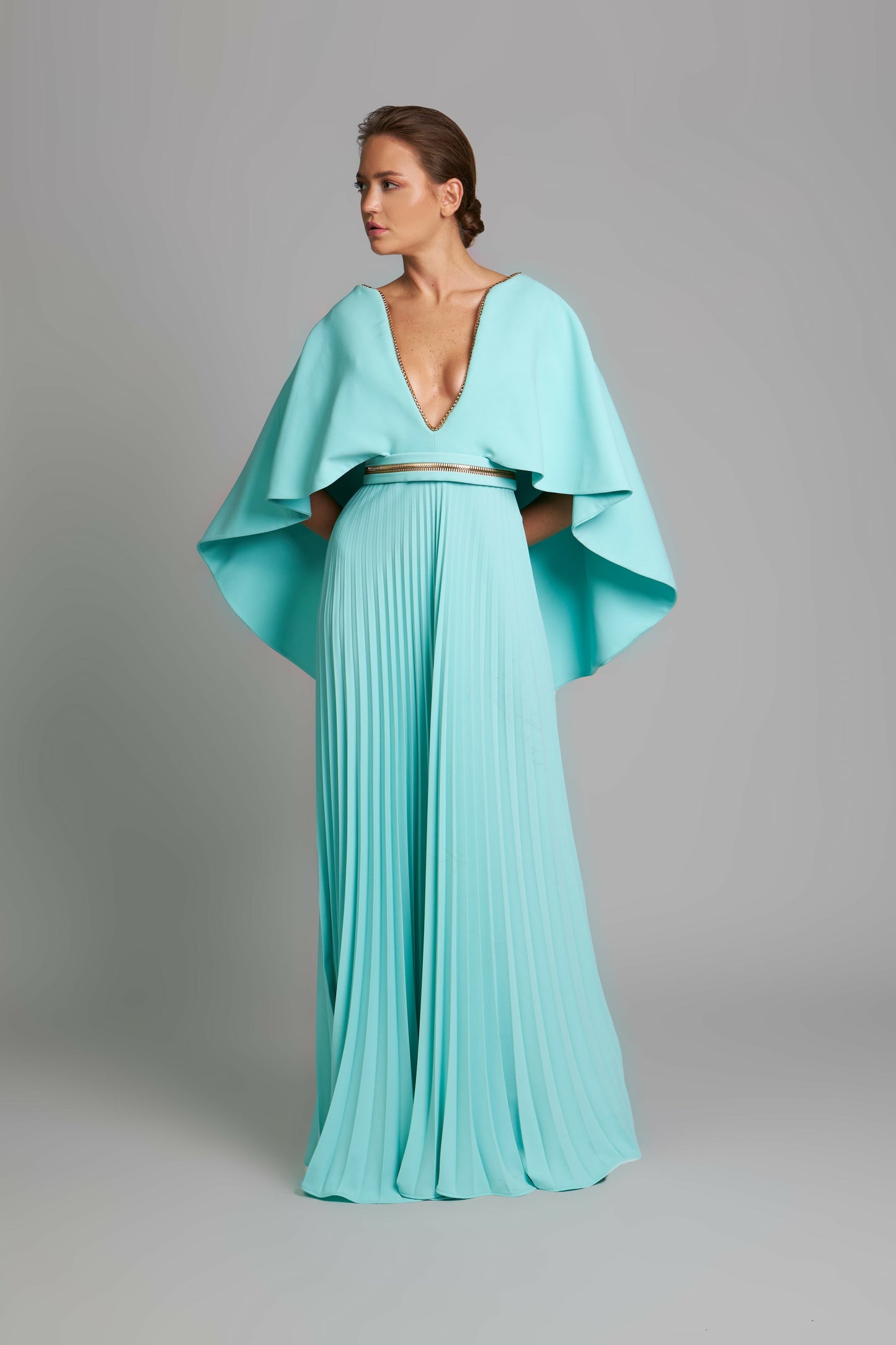 Plunging Neck Cape Sleeve Pleated Gown