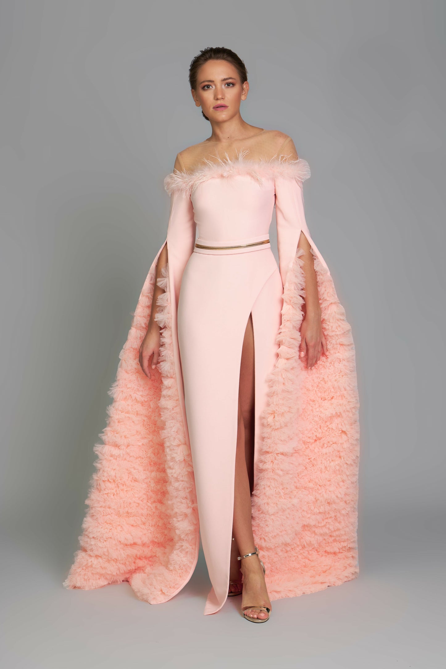 Illusion Neck Cape Sleeve Slit Gown