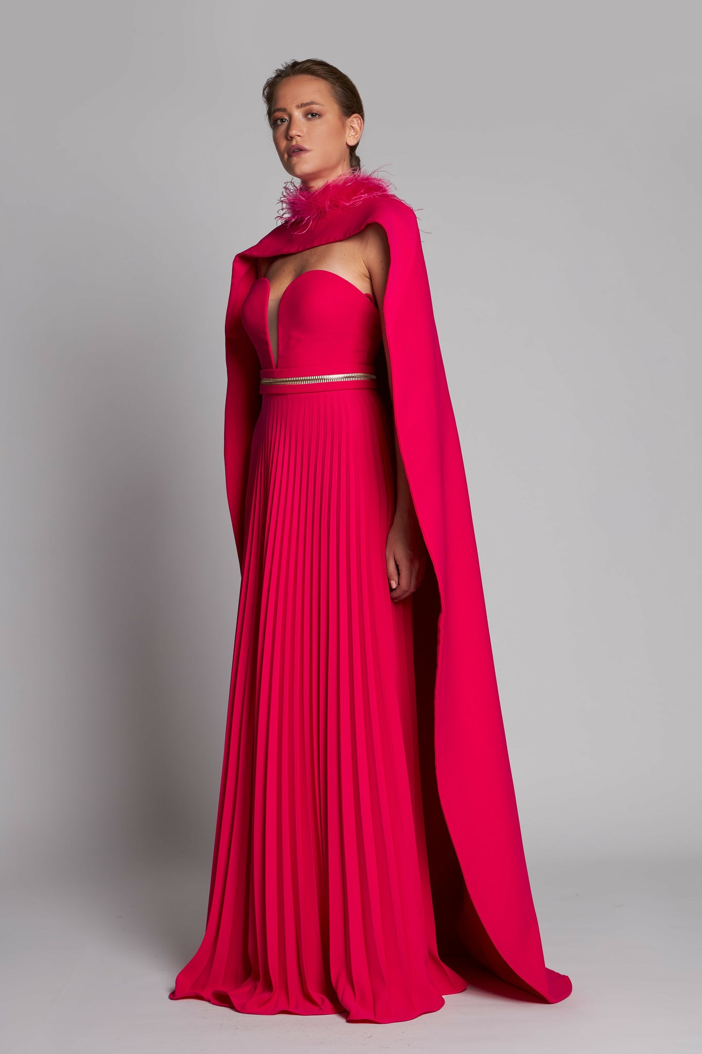 Pleated Strapless Cape Gown