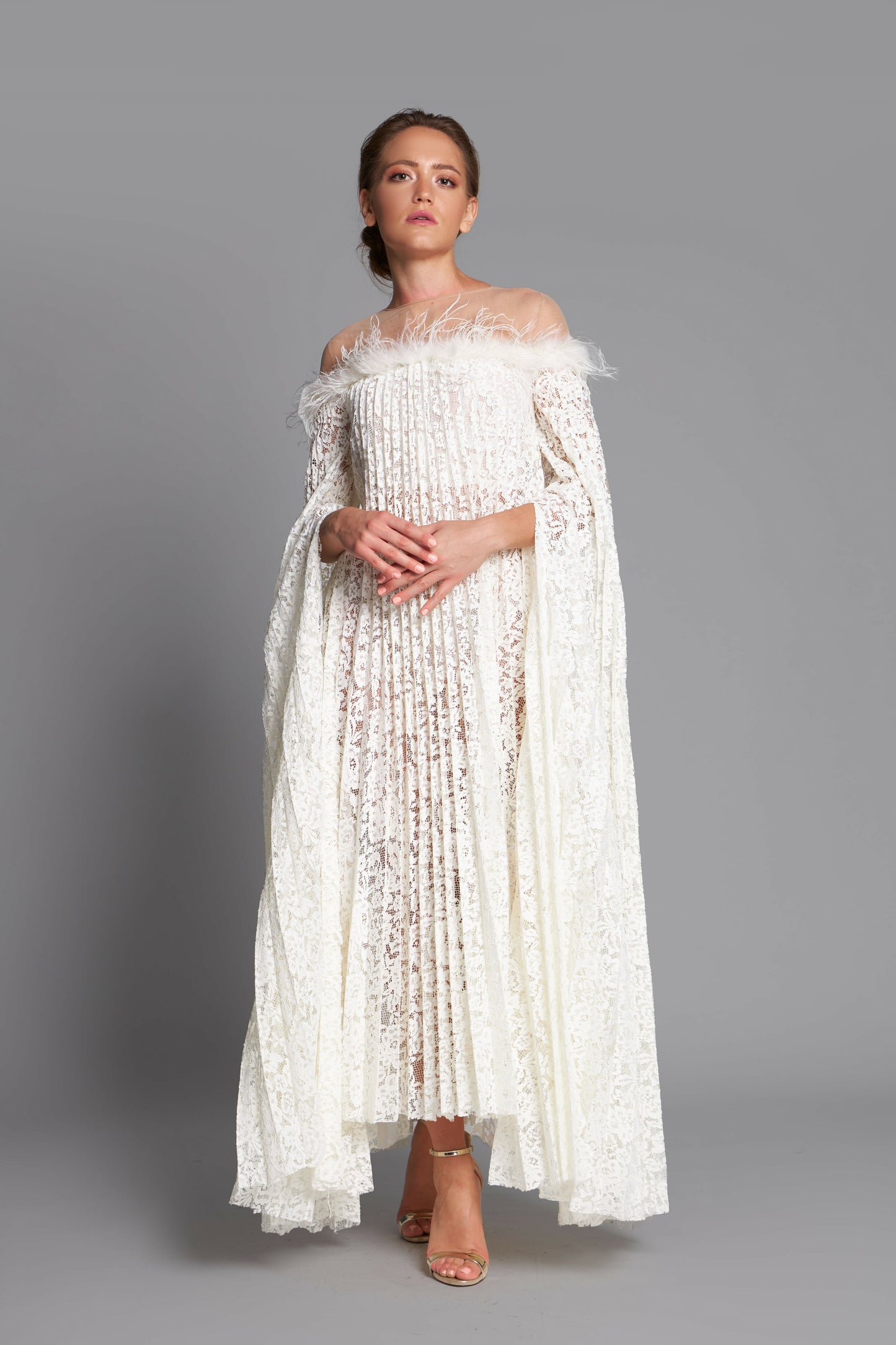 Feathered Off Shoulder Cape Sleeve Gown