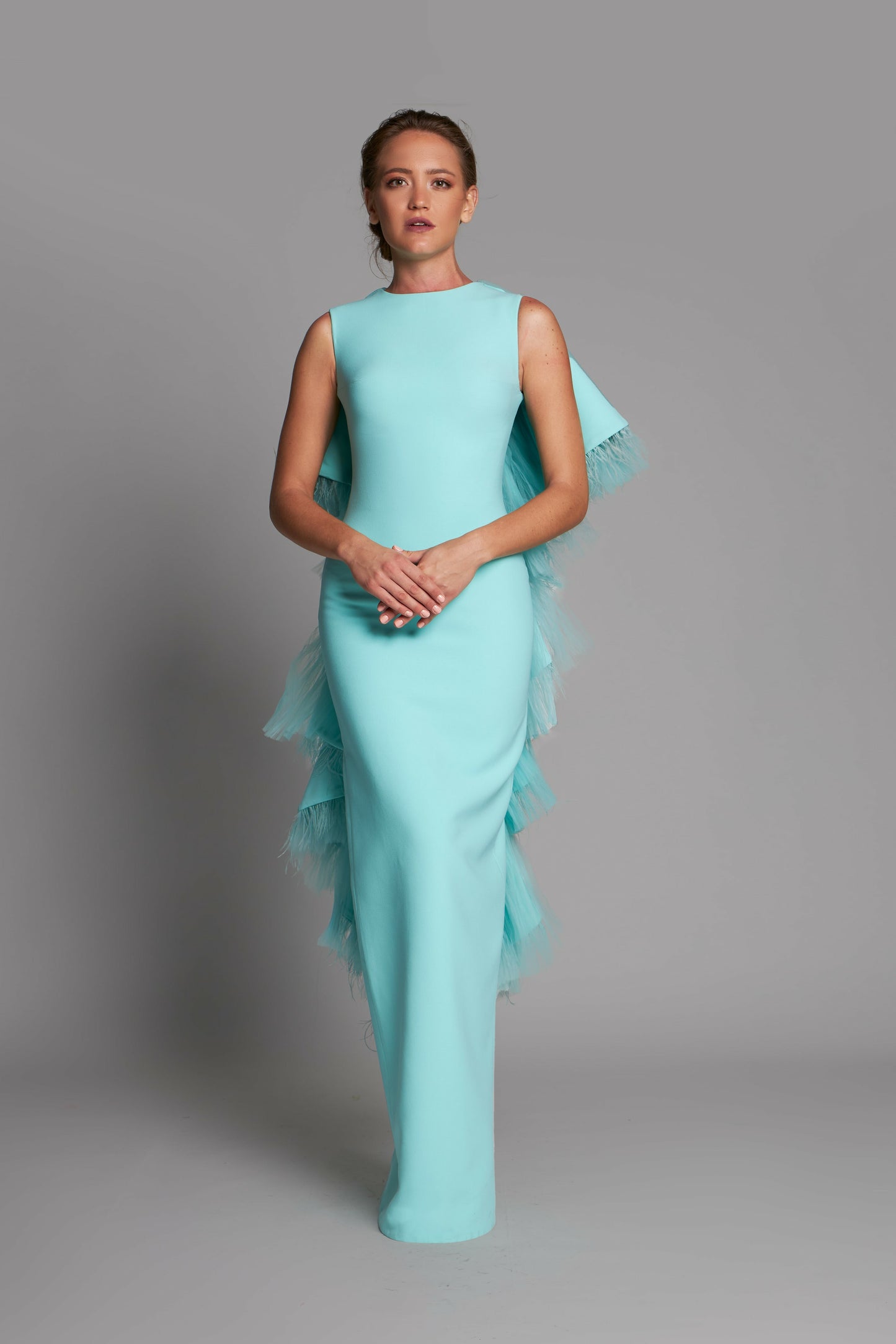 Sleeveless Gown with Back Ruffle