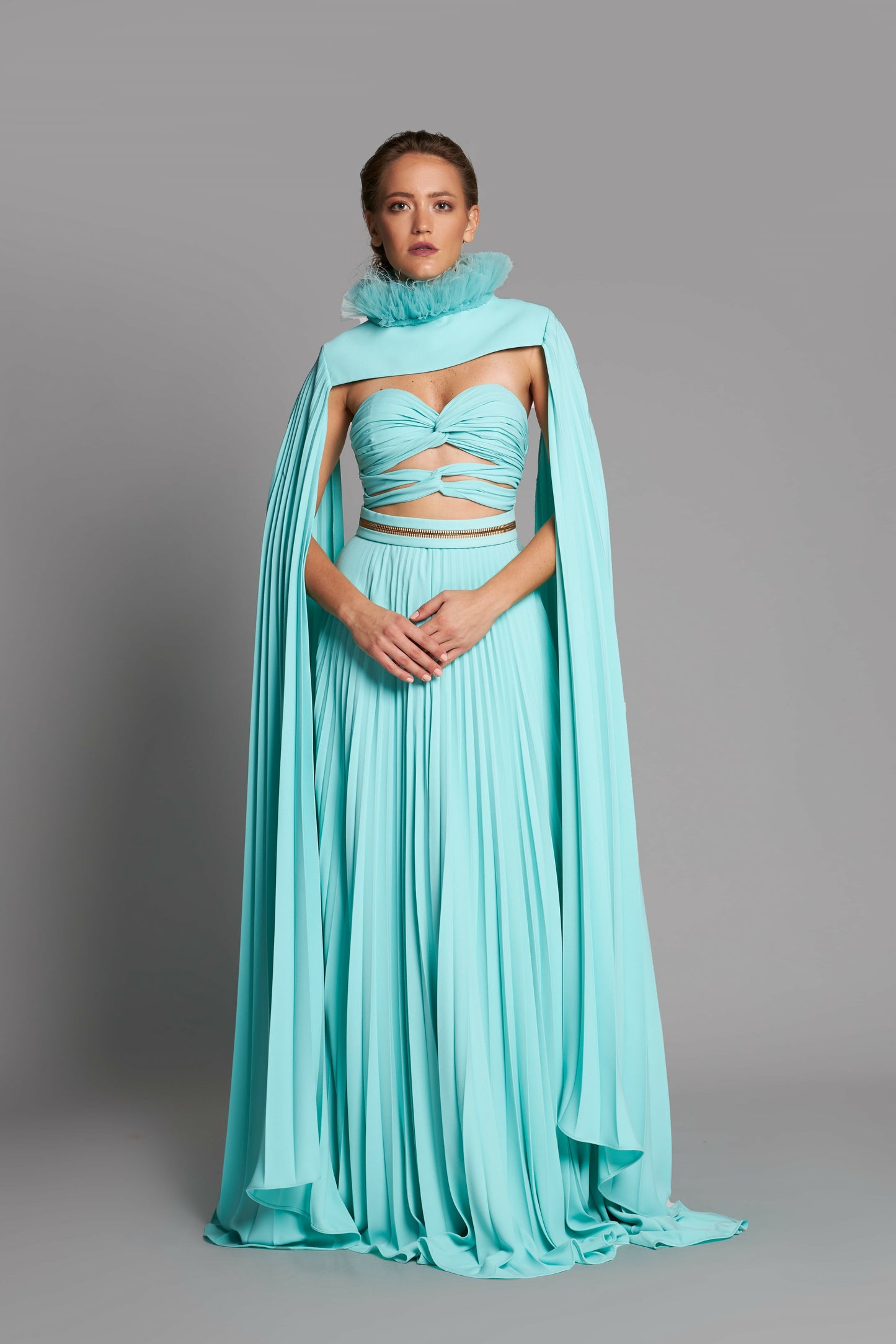 Cut-Out Strapless Gown with Cape