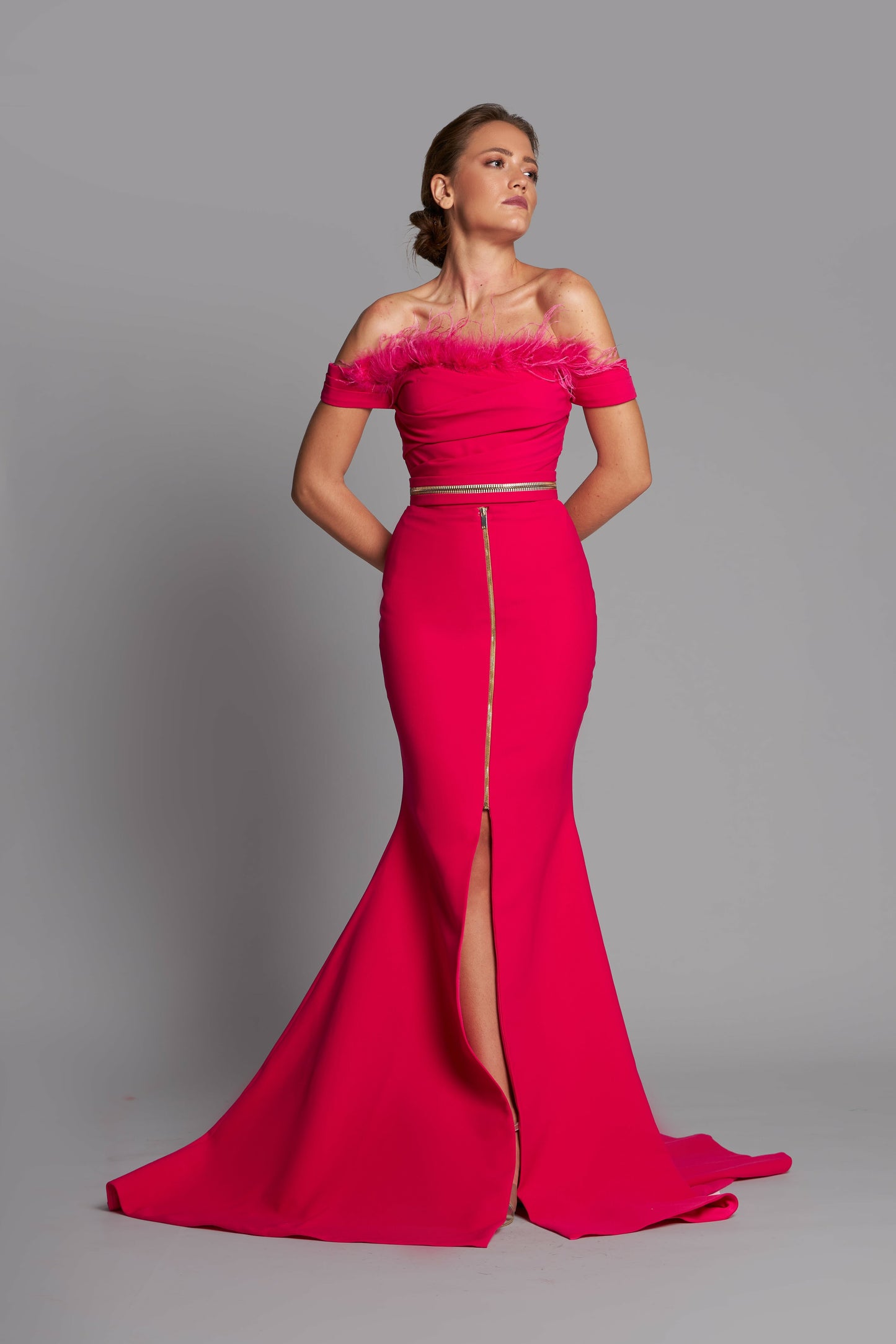 Feathered Off Shoulder Trumpet Gown