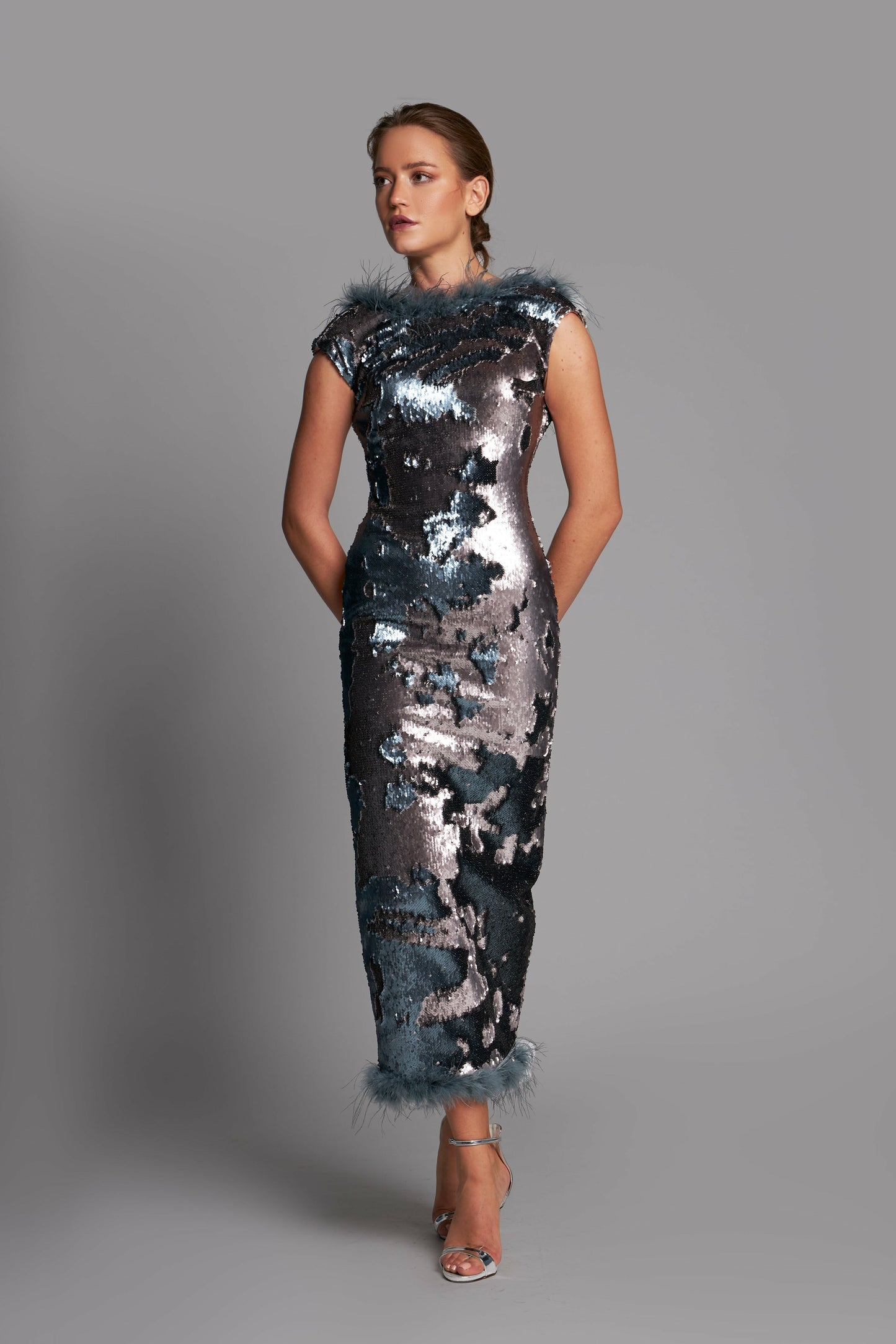 Feathered Paillette Midi Dress