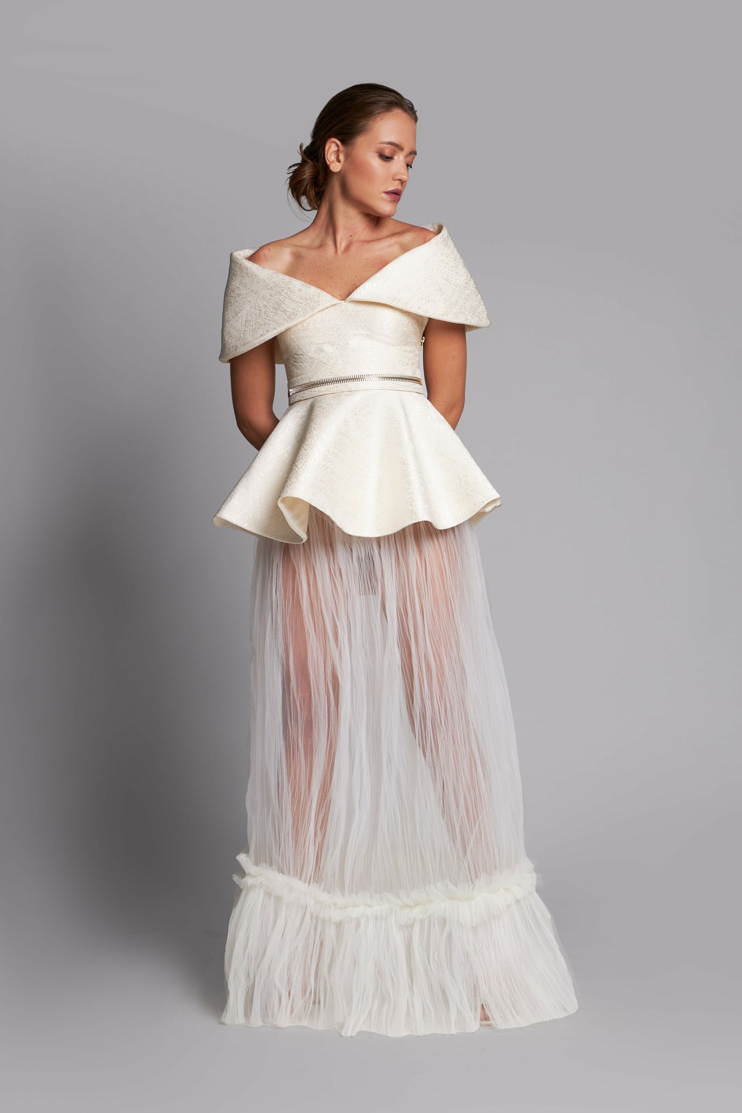 Off the Shoulder Peplum A-Line Gown