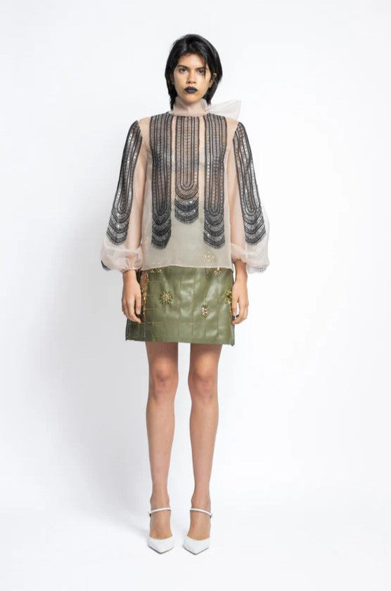 Organza Blouse with Vegan Leather Skirt