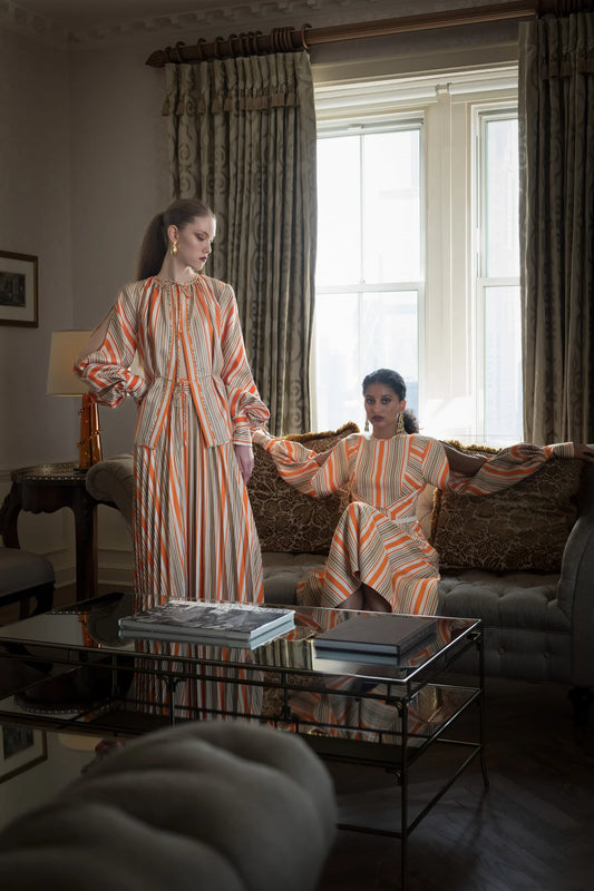 Striped Twill Blouse with Bow Tie Collar