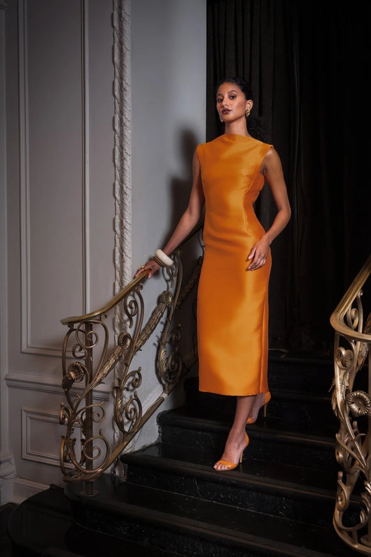 Tangerine Gazar Boat Neck Sheath Dress