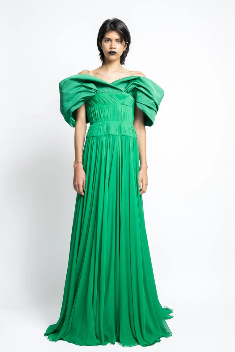 Silk Pleated Chiffon Gown with Petal Faille Drape