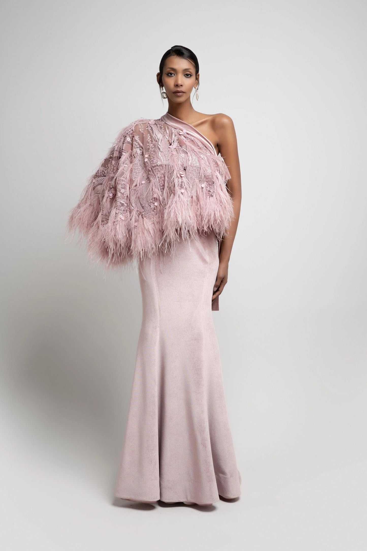 Feathered Half Cape Gown