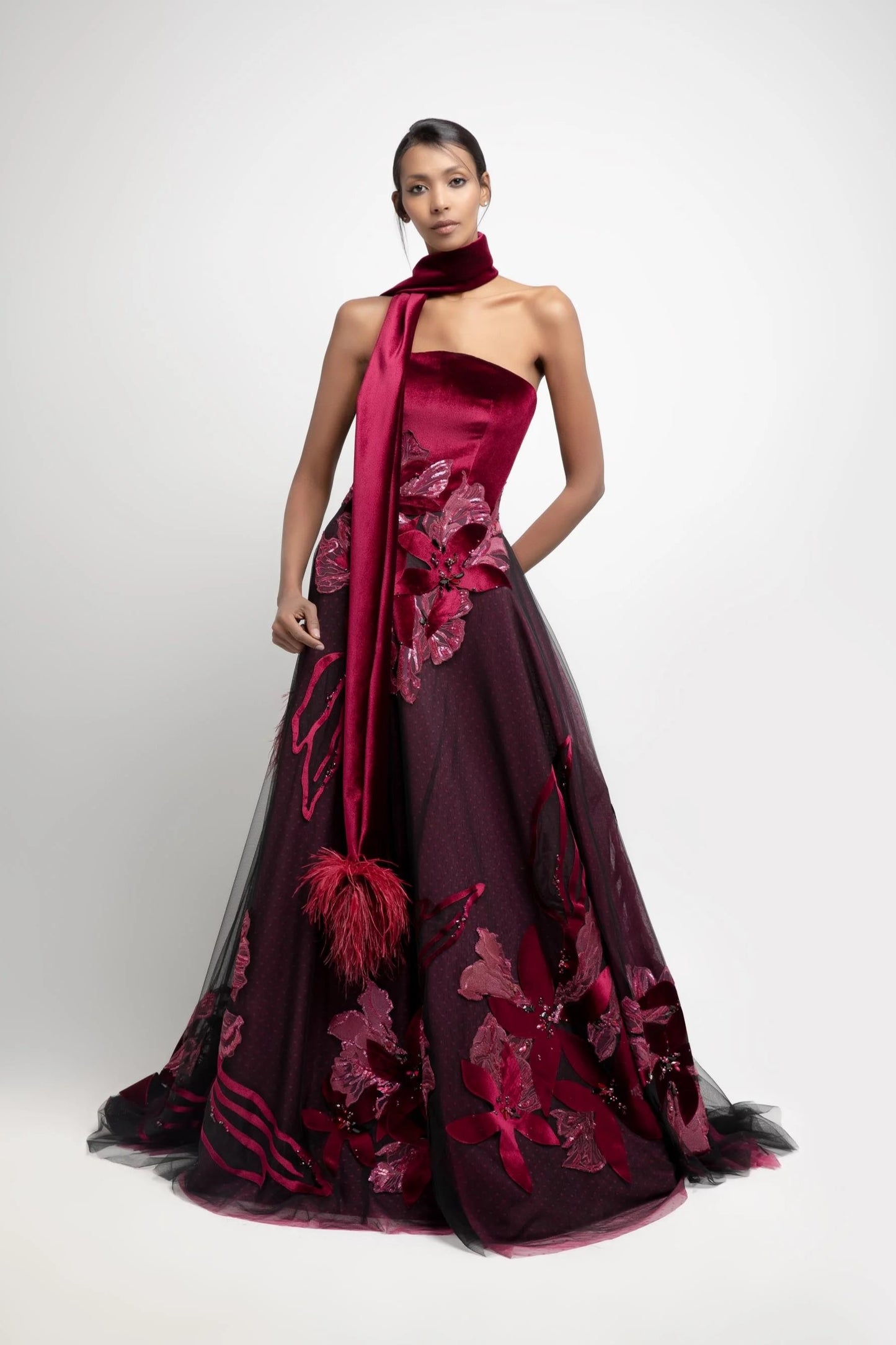 Strapless Floral Embellished Dotted Gown