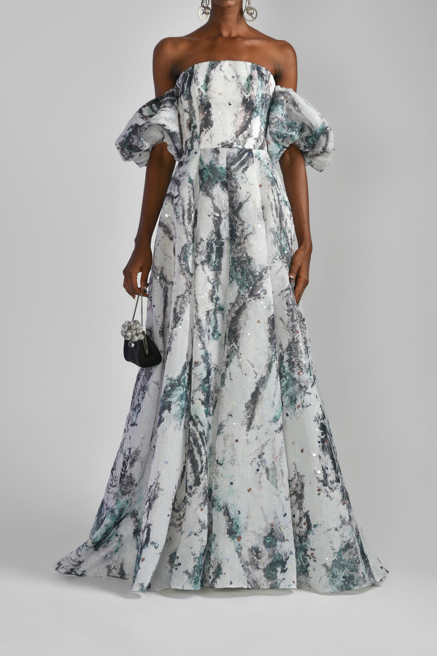 Printed Gazar Off Shoulder Gown