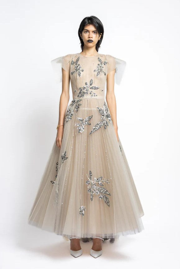 Embroidered Tulle Gown with Pleated Train