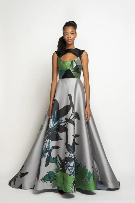 Silver Lata Print Barathea Ball Gown
