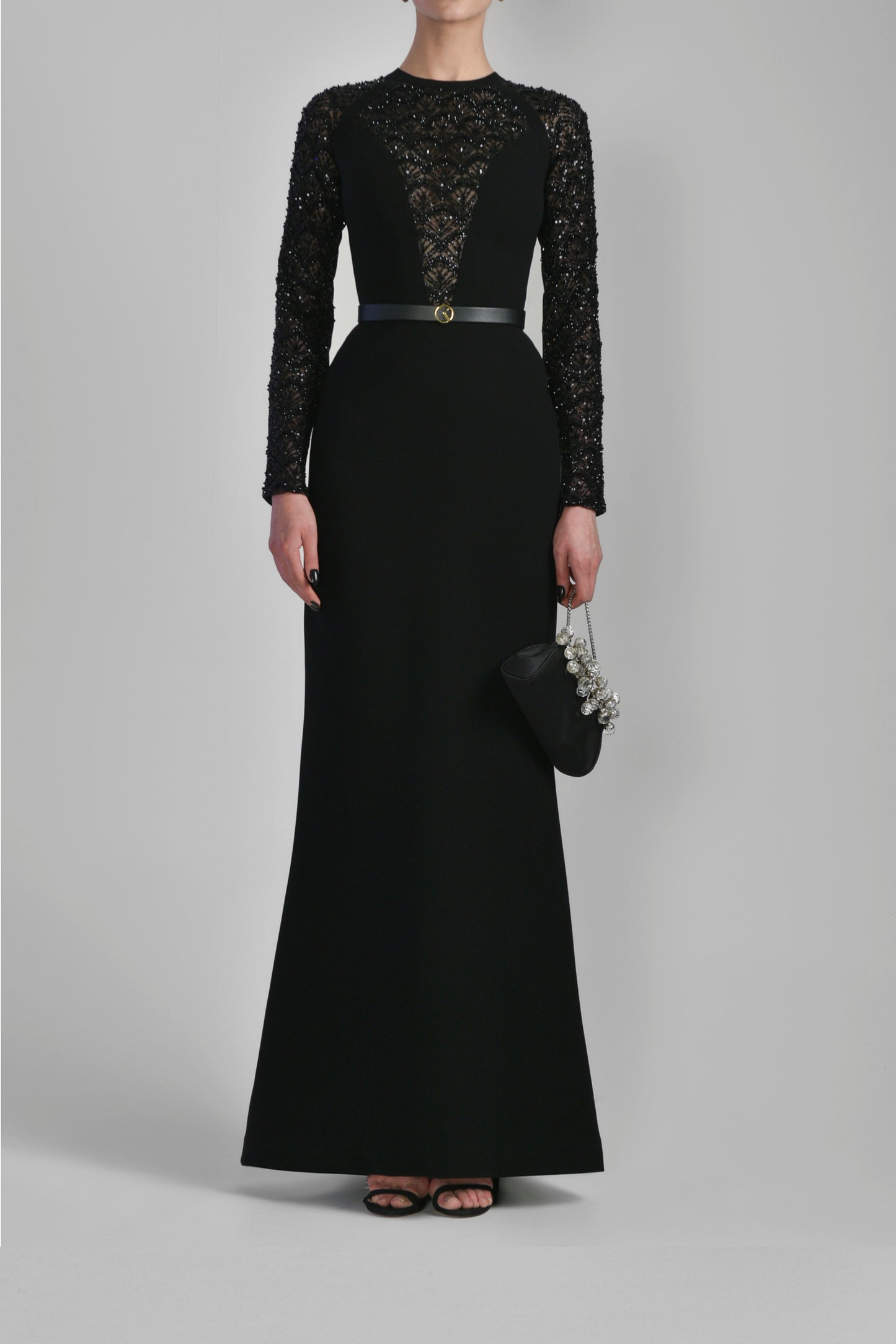 Beaded Canton Crepe Flared Gown