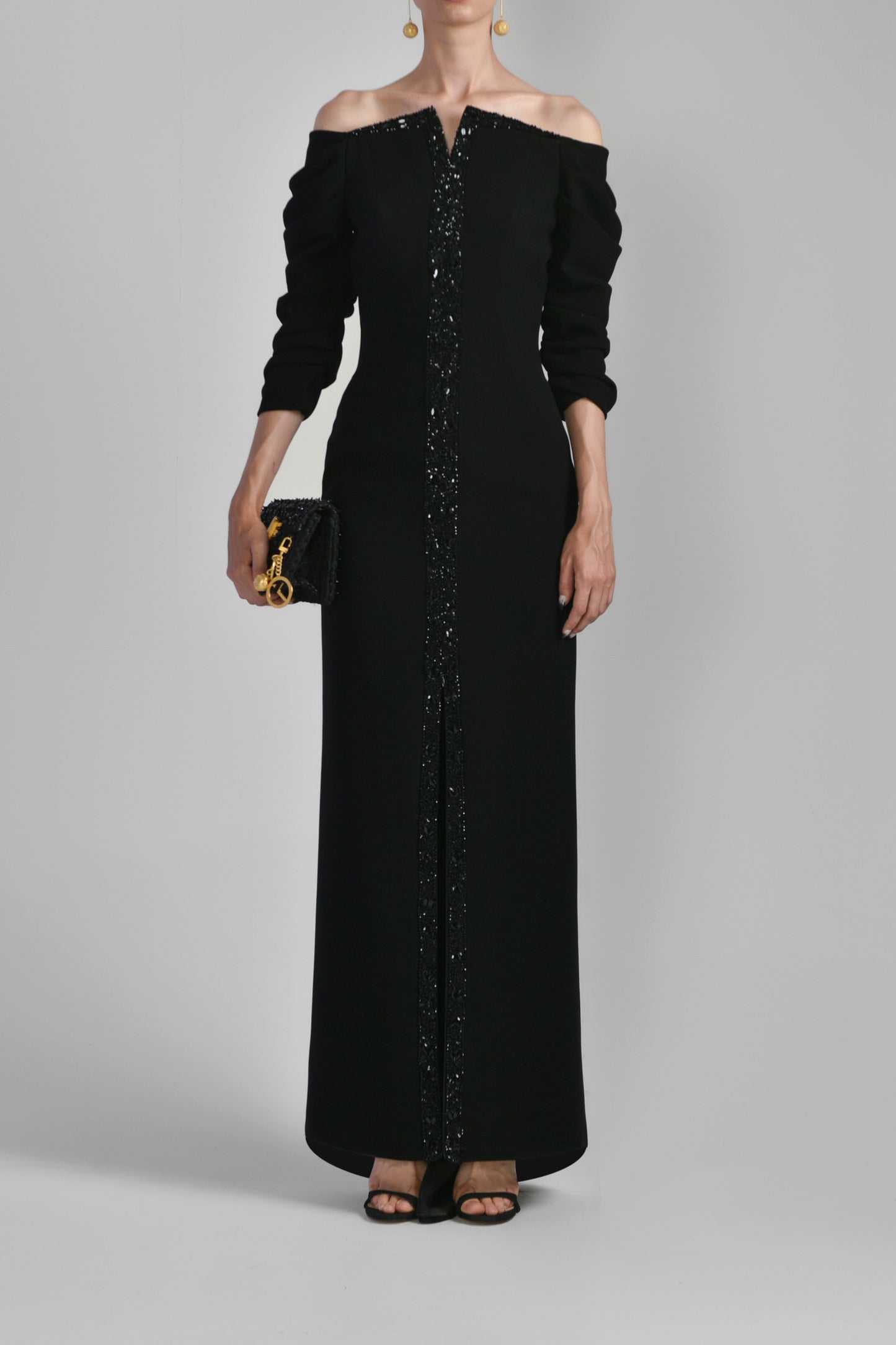 Beaded Crepe Off Shoulder Gown