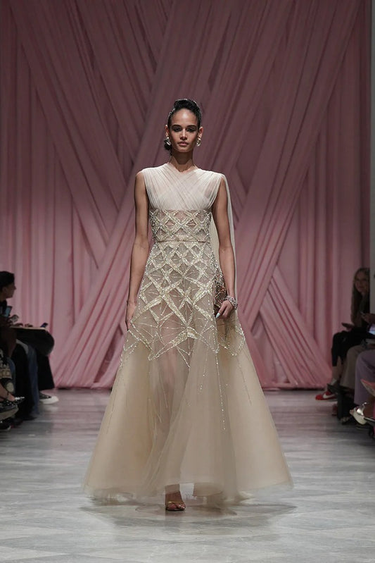 Nude Tulle Pleated Gown