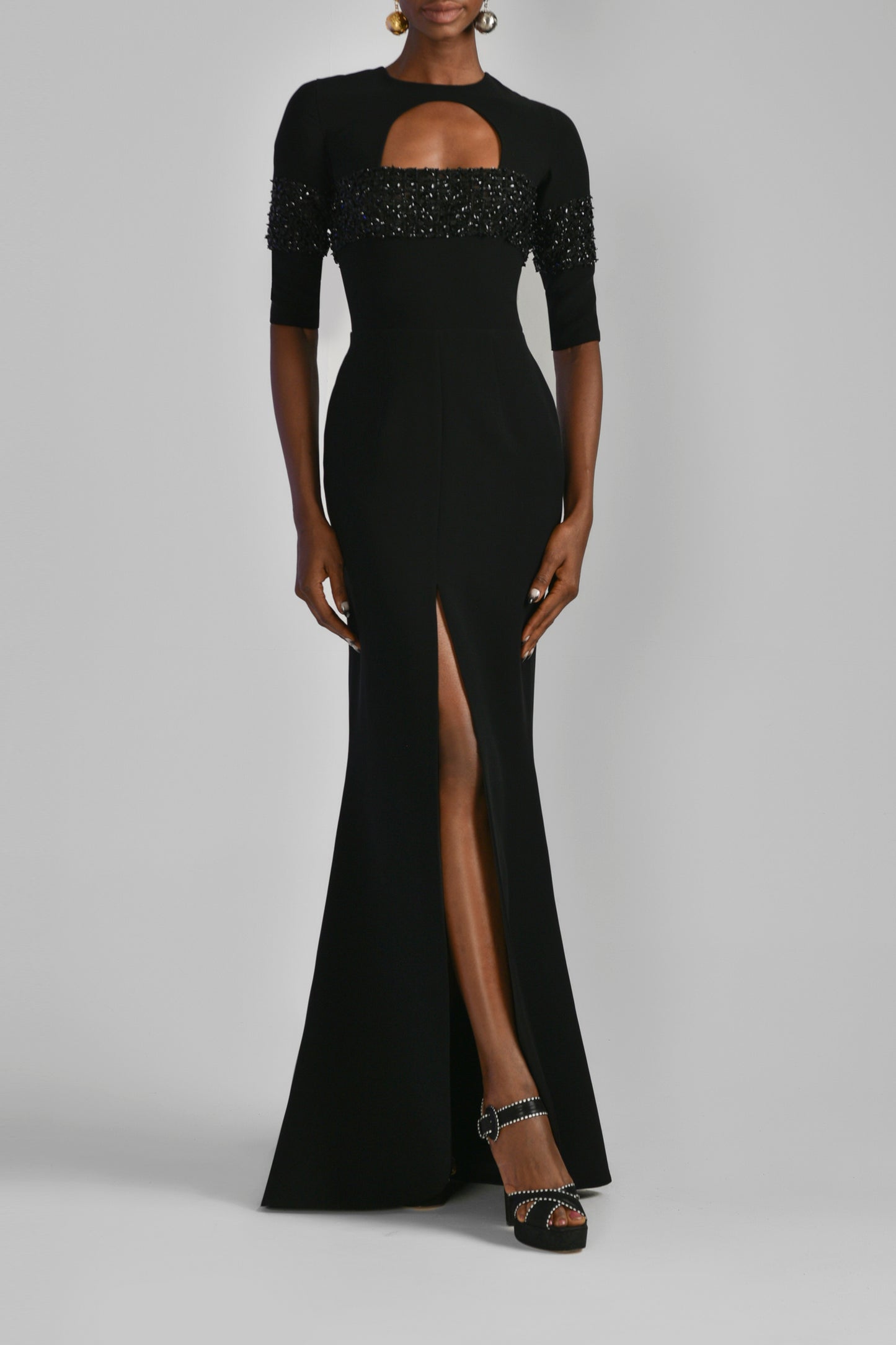 Beaded Canton Crepe Slit Gown
