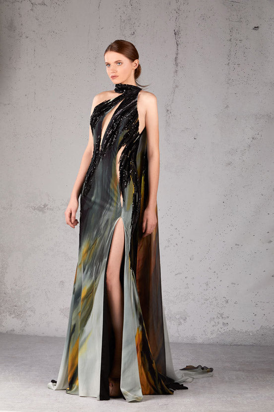 High Neck Embellished Slit Gown